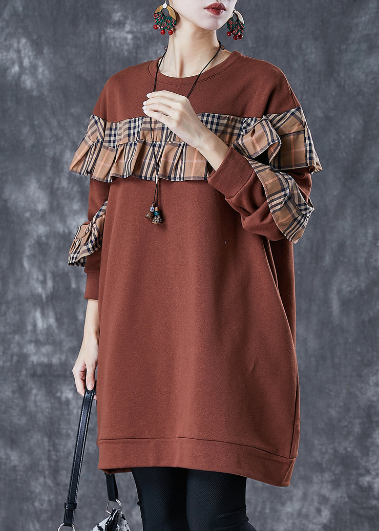 Plus Size Brown Ruffled Patchwork Cotton Sweatshirts Dress Fall