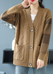 Plus Size Camel V Neck Pockets Button Patchwork Knit Cardigan Fall