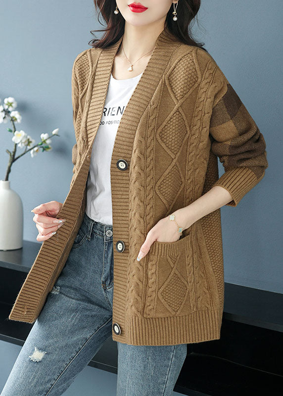 Plus Size Camel V Neck Pockets Button Patchwork Knit Cardigan Fall