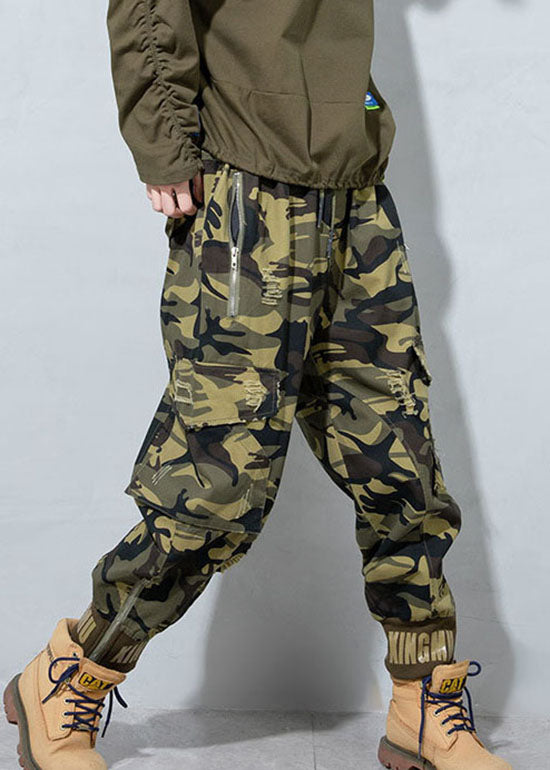 Plus Size Camouflage hole drawstring Pockets Pants Spring