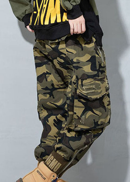 Plus Size Camouflage hole drawstring Pockets Pants Spring