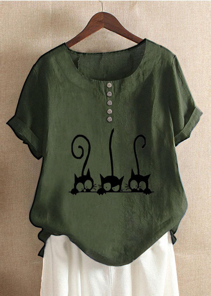 Plus Size Cartoon Cat Print Crew Neck Short Sleeve Blouse