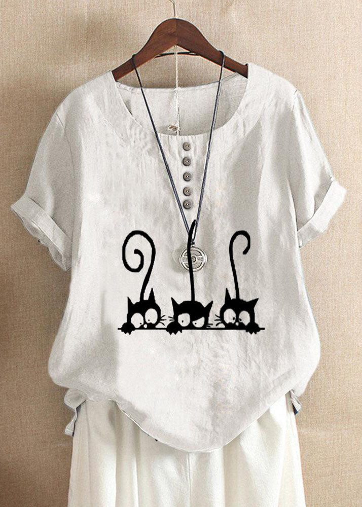 Plus Size Cartoon Cat Print Crew Neck Short Sleeve Blouse