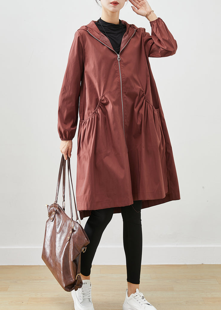 Plus Size Chocolate Hooded Pockets Cotton Coats Fall