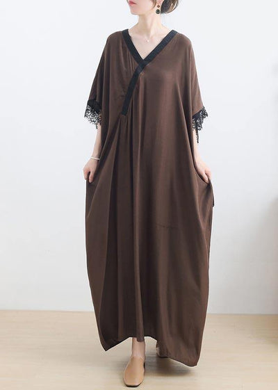 Elegant Chocolate Lace Trim Caftan Maxi Summer Chiffon Dress Gown - bagstylebliss