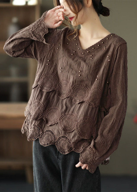 Plus Size Chocolate Casual Embroidered Hollow Out Fall Long sleeve Shirt Tops