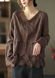 Plus Size Chocolate Casual Embroidered Hollow Out Fall Long sleeve Shirt Tops