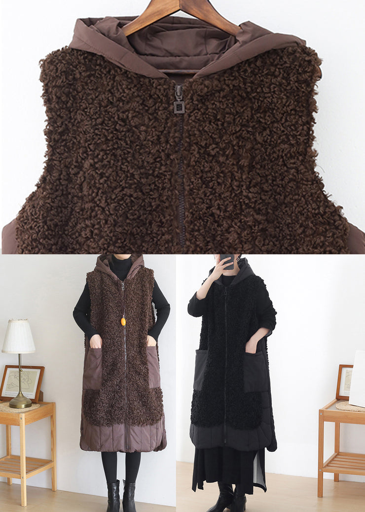 Plus Size Chocolate Colour Zippered Pockets Woolen Cotton Hooded Waistcoat Sleeveless