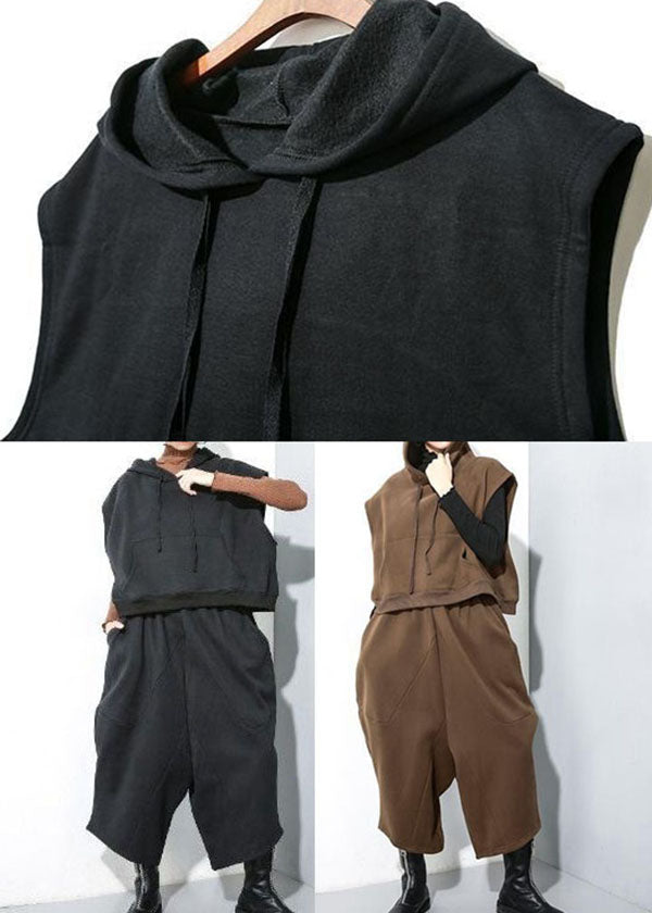 Plus Size Chocolate Hooded Warm Fleece Two Pieces Set Sleeveless waistcoat