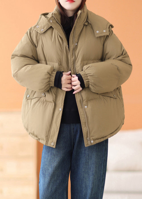 Plus Size Coffee Hooded Zippered Pockets Cotton Filled Parka Winter