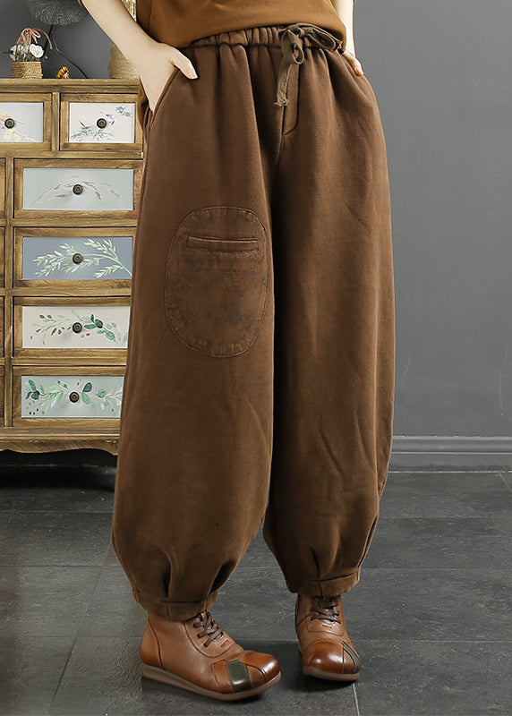 Plus Size Coffee Pockets Elastic Waist Thick Warm Fleece Pants Winter