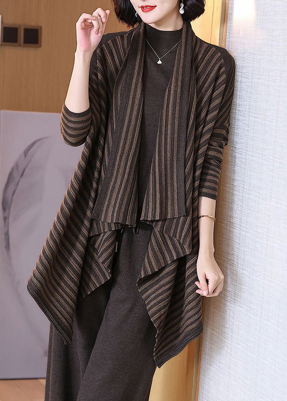 Plus Size Coffee Striped Asymmetrical Cotton Knit Cardigan Spring