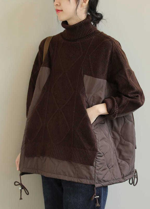 Plus Size Chocolate Turtle Neck Patchwork Knit Pullover Winter