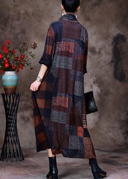 Plus Size Chocolate Turtleneck Plaid Patchwork Velour Maxi Dress Long Sleeve