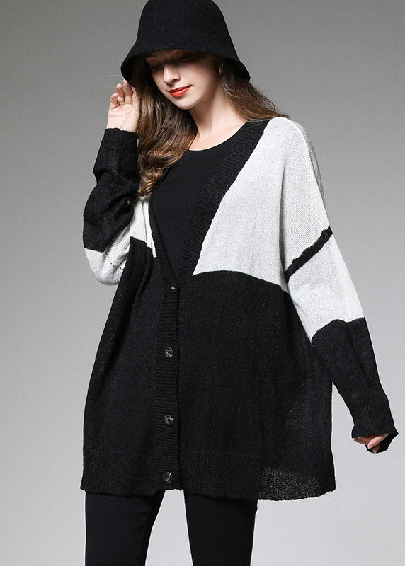 Plus Size Colorblock Button V Neck Knit Fall Loose Short Cardigans