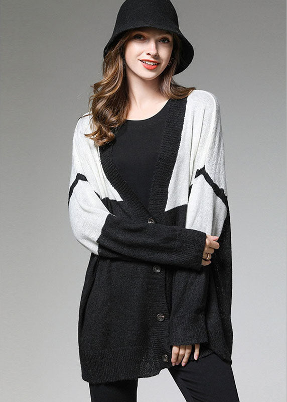 Plus Size Colorblock Button V Neck Knit Fall Loose Short Cardigans