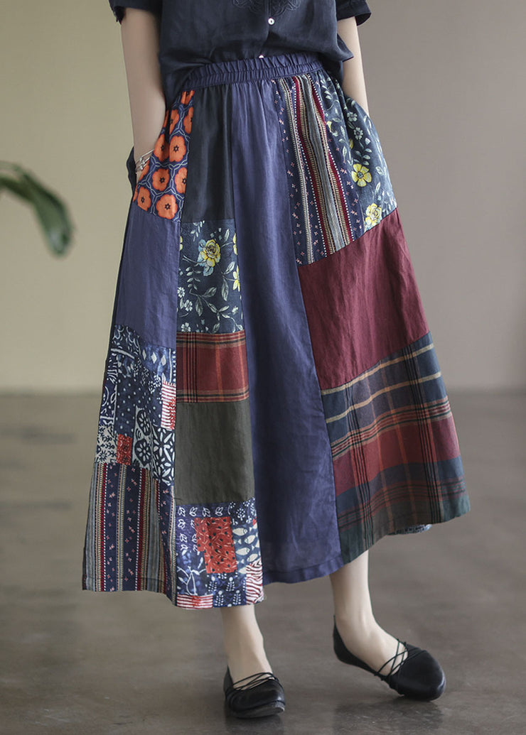 Plus Size Colorblock Elastic Waist Patchwork Print Linen Skirts Summer