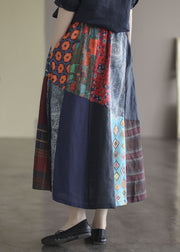 Plus Size Colorblock Elastic Waist Patchwork Print Linen Skirts Summer