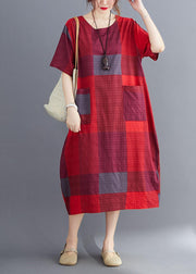 Plus Size Corron Linen Red O Neck Plaid Summer Maxi Dresses - bagstylebliss