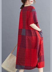 Plus Size Corron Linen Red O Neck Plaid Summer Maxi Dresses - bagstylebliss