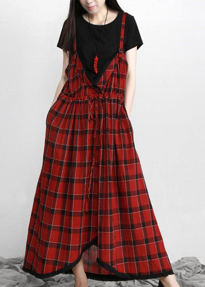 Plus Size Cotton Red Plaid Italian Dress V Neck - bagstylebliss