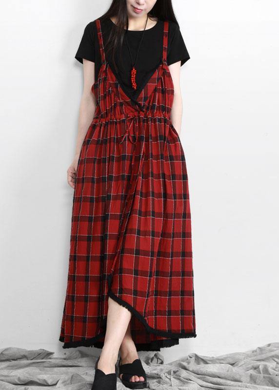 Plus Size Cotton Red Plaid Italian Dress V Neck - bagstylebliss