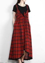 Plus Size Cotton Red Plaid Italian Dress V Neck - bagstylebliss