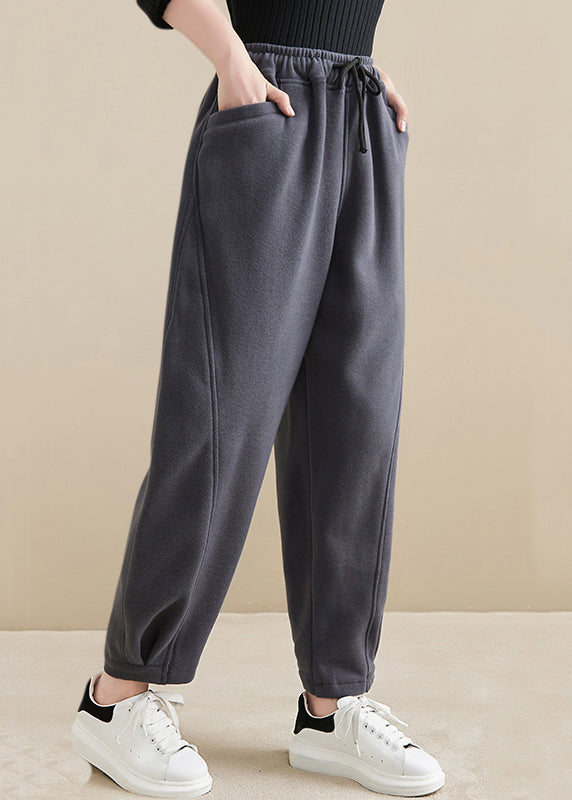 Plus Size Dark Gray Pockets Elastic Waist Warm Fleece Crop Pants