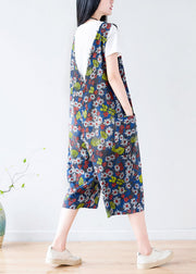 Plus Size Dark Grey V Neck Print Pockets Cotton Overalls Jumpsuit Summer