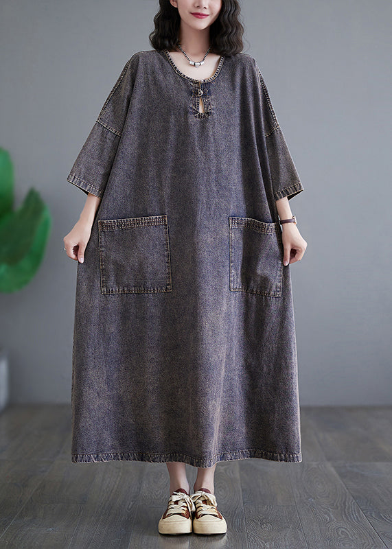 Plus Size Deep Purple O Neck Pockets Denim Long Dress Bracelet Sleeve