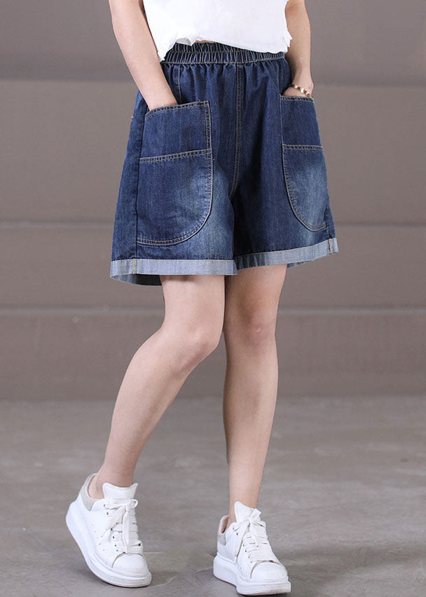 Plus Size Jeansblau Elastische Taillentaschen Baumwolle Shorts mit weitem Bein Sommer