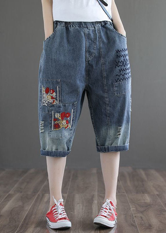 Plus Size Denim Blue Hole Embroideried Pockets Cotton Harem Pants Summer