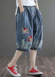 Plus Size Denim Blue Hole Embroideried Pockets Cotton Harem Pants Summer