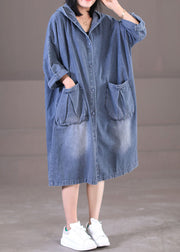 Plus Size Denim Blue Hooded Pockets Cotton Long Dress Long Sleeve