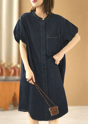 Plus Size Denim Blue O-Neck Pocket Solid Color Cotton Holiday Dress Puff Sleeve