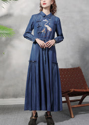 Plus Size Denim Blue Peter Pan Collar Embroideried Ruffled Drawstring Cotton Oriental Dresses Long Sleeve