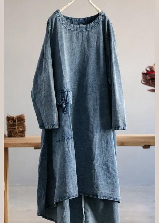 Plus Size Denim Blue U Neck Dress Large Hem Spring Mid Dress - bagstylebliss