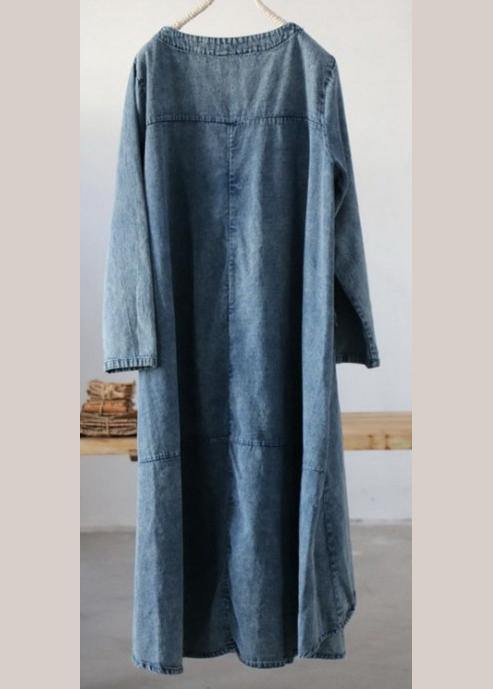 Plus Size Denim Blue U Neck Dress Large Hem Spring Mid Dress - bagstylebliss