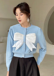 Plus Size Elegant Blue Puff Sleeve Knit Top Spring