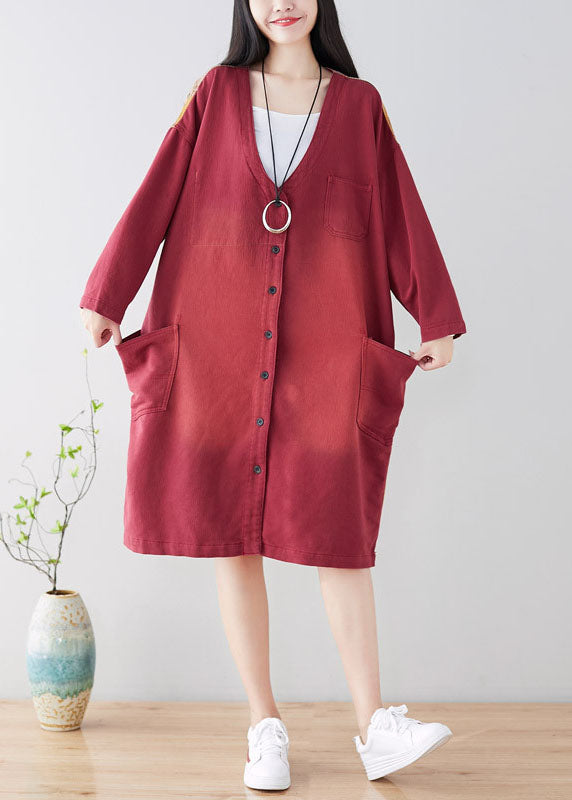 Plus Size French Red Pockets Casual Coat Spring