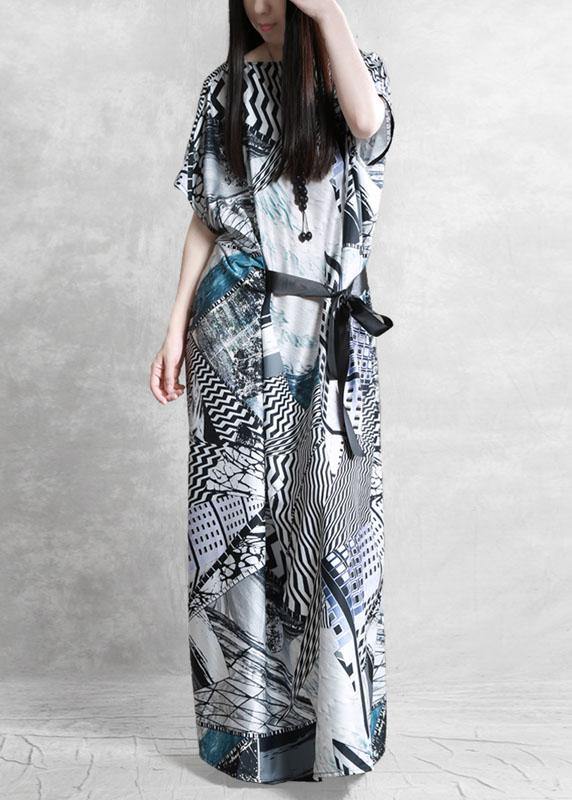 Plus Size Gray Print Silk Robe Dresses Tunic - bagstylebliss