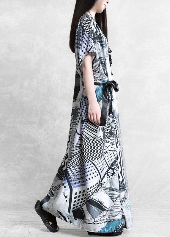 Plus Size Gray Print Silk Robe Dresses Tunic - bagstylebliss