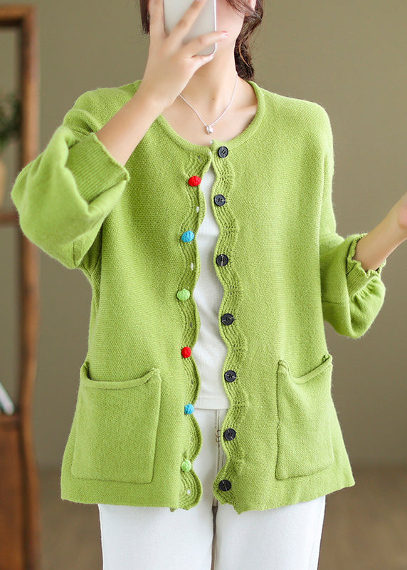 Plus Size Green Button Pockets Knit Coat Long Sleeve