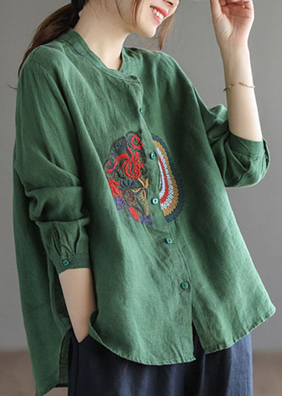 Plus Size Green Embroideried Linen Shirt Top Long Sleeve