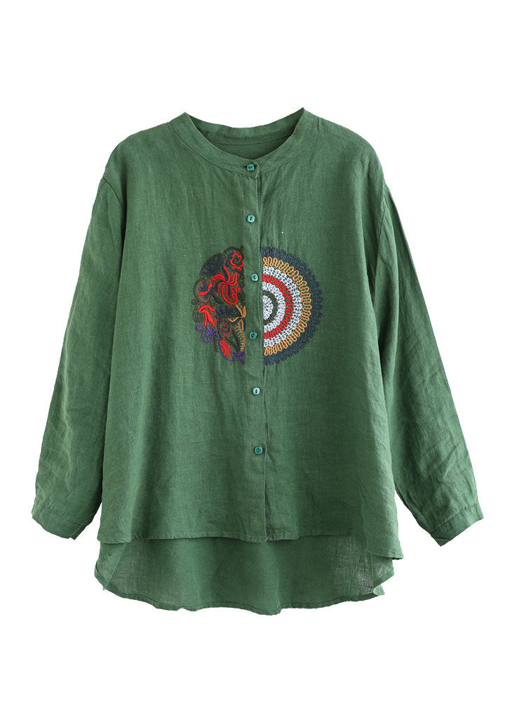 Plus Size Green Embroideried Linen Shirt Top Long Sleeve