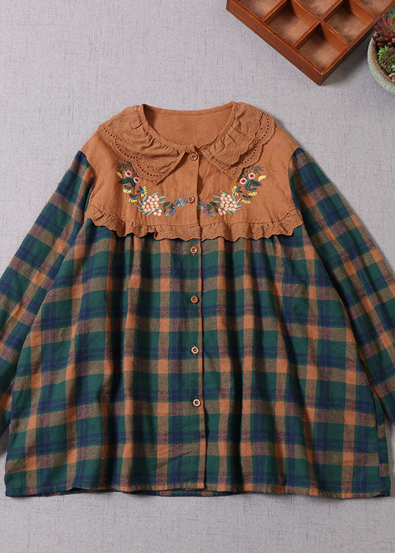 Plus Size Green Embroideried Plaid Cotton Shirt Top Spring