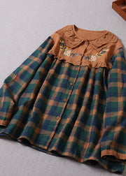 Plus Size Green Embroideried Plaid Cotton Shirt Top Spring