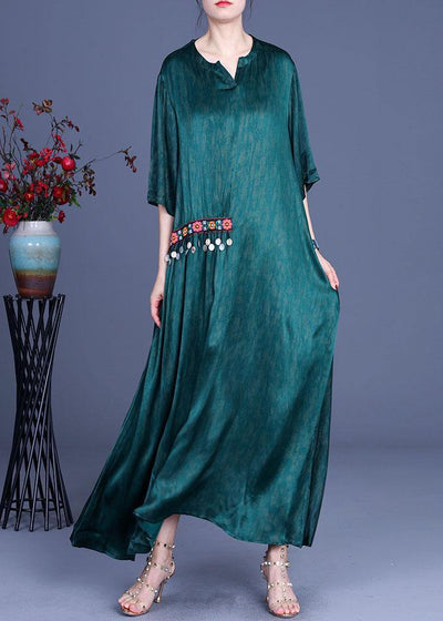 Plus Size Green Embroidery Summer Silk Long Dress - bagstylebliss