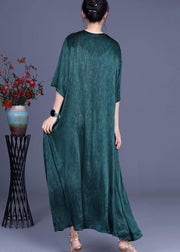 Plus Size Green Embroidery Summer Silk Long Dress - bagstylebliss