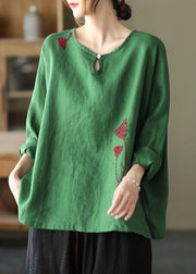 Plus Size Green Loose Embroideried Fall Linen Shirt Tops Long Sleeve - bagstylebliss